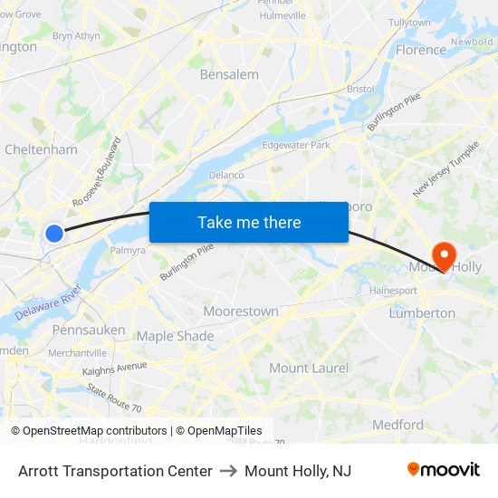 Arrott Transportation Center to Mount Holly, NJ map