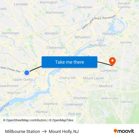 Millbourne Station to Mount Holly, NJ map