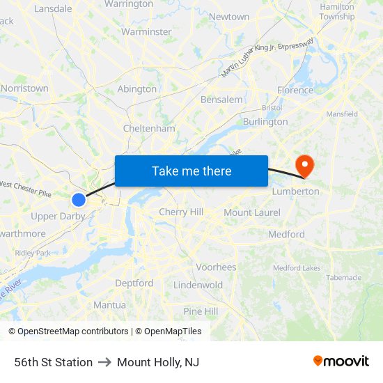 56th St Station to Mount Holly, NJ map