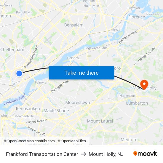 Frankford Transportation Center to Mount Holly, NJ map