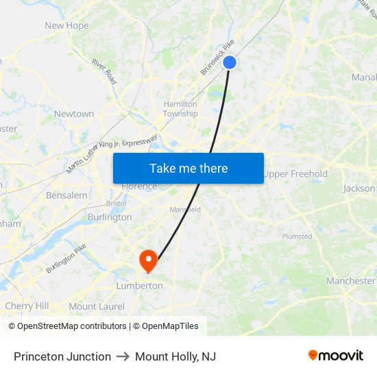 Princeton Junction to Mount Holly, NJ map