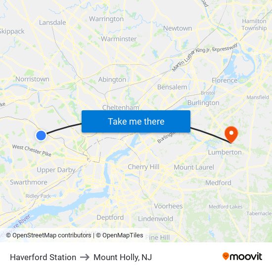 Haverford Station to Mount Holly, NJ map