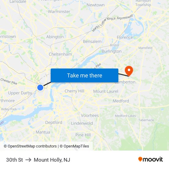 30th St to Mount Holly, NJ map