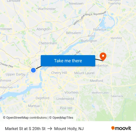 Market St at S 20th St to Mount Holly, NJ map