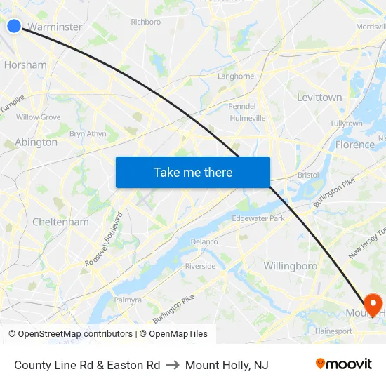 County Line Rd & Easton Rd to Mount Holly, NJ map