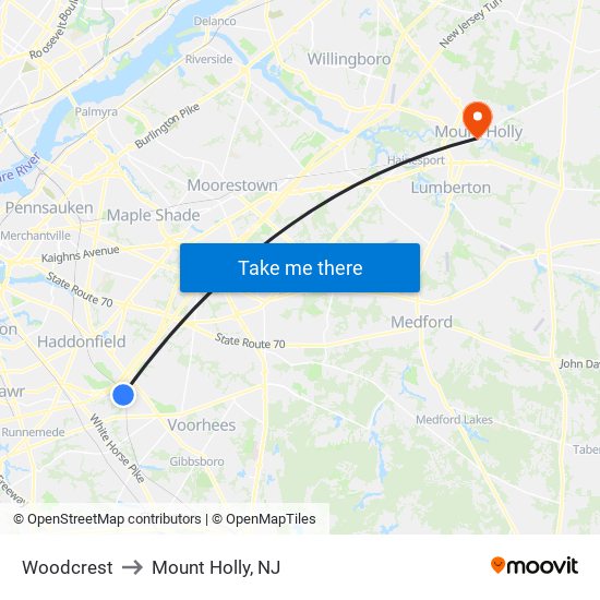 Woodcrest to Mount Holly, NJ map
