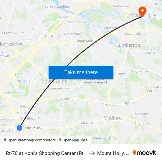 Rt-70 at Kohl's Shopping Center (Rt 73) to Mount Holly, NJ map