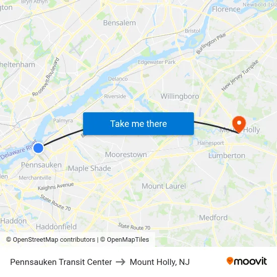 Pennsauken Transit Center to Mount Holly, NJ map