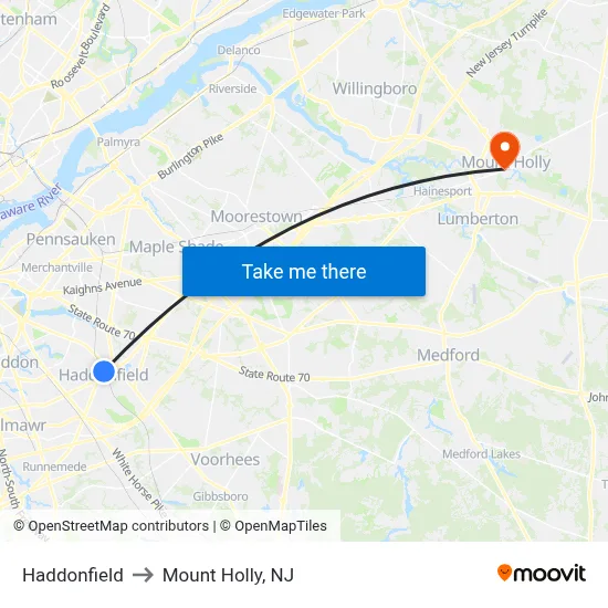 Haddonfield to Mount Holly, NJ map