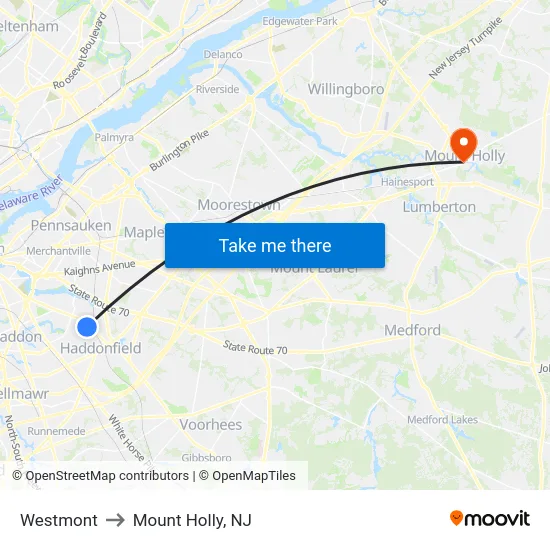 Westmont to Mount Holly, NJ map