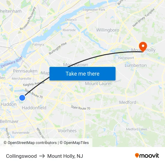 Collingswood to Mount Holly, NJ map