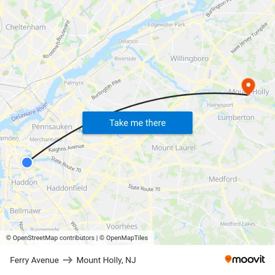 Ferry Avenue to Mount Holly, NJ map
