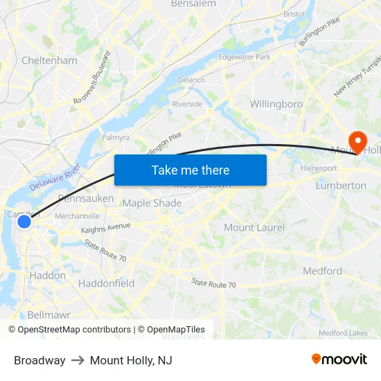 Broadway to Mount Holly, NJ map