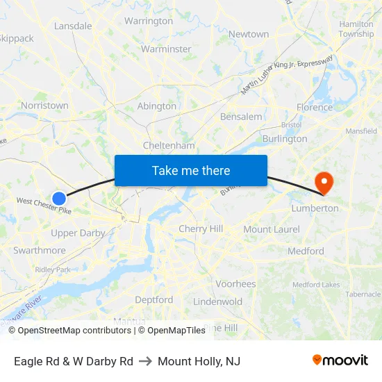 Eagle Rd & W Darby Rd to Mount Holly, NJ map
