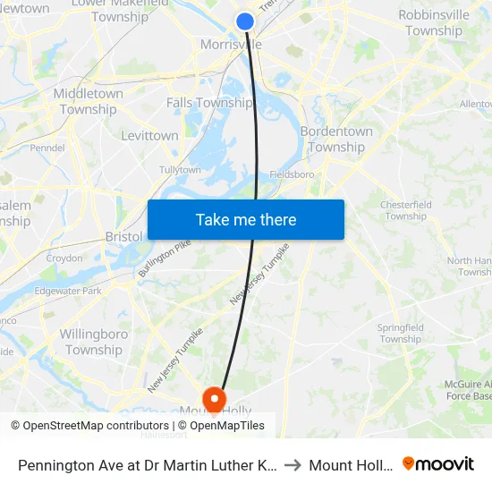 Pennington Ave at Dr Martin Luther King Jr Blvd to Mount Holly, NJ map