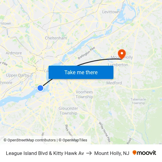 League Island Blvd & Kitty Hawk Av to Mount Holly, NJ map