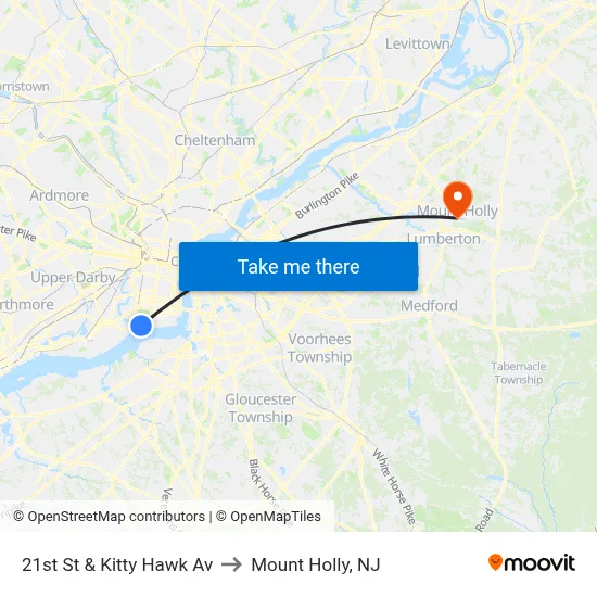 21st St & Kitty Hawk Av to Mount Holly, NJ map