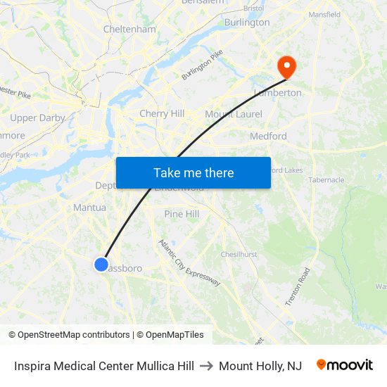 Inspira Medical Center Mullica Hill to Mount Holly, NJ map