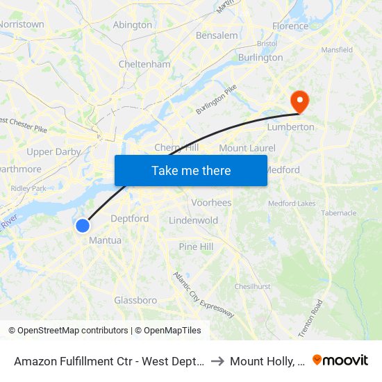 Amazon Fulfillment Ctr - West Deptford to Mount Holly, NJ map