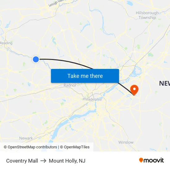 Coventry Mall to Mount Holly, NJ map