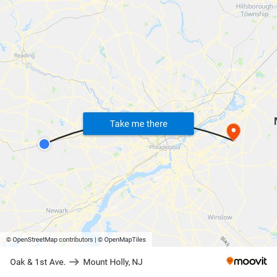 Oak & 1st Ave. to Mount Holly, NJ map