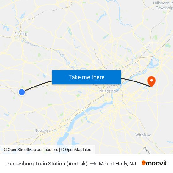 Parkesburg Train Station (Amtrak) to Mount Holly, NJ map