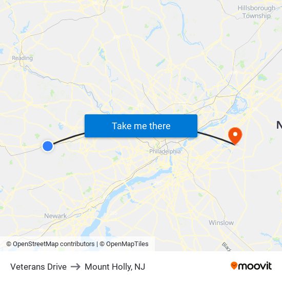 Veterans Drive to Mount Holly, NJ map