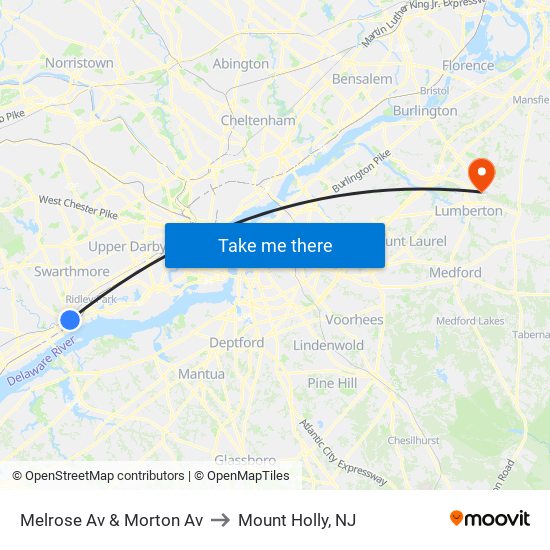 Melrose Av & Morton Av to Mount Holly, NJ map