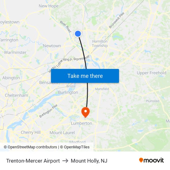 Trenton-Mercer Airport to Mount Holly, NJ map