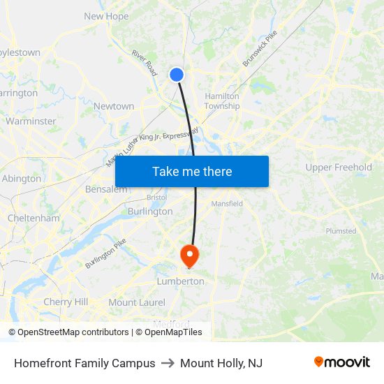 Homefront Family Campus to Mount Holly, NJ map