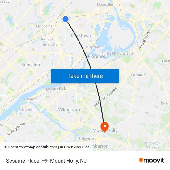 Sesame Place to Mount Holly, NJ map