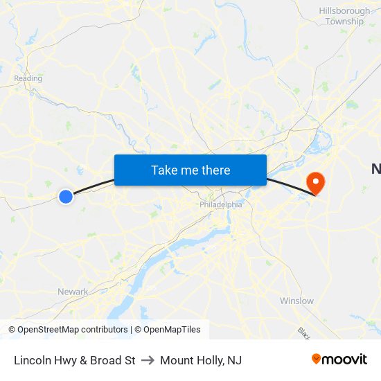 Lincoln Hwy & Broad St to Mount Holly, NJ map