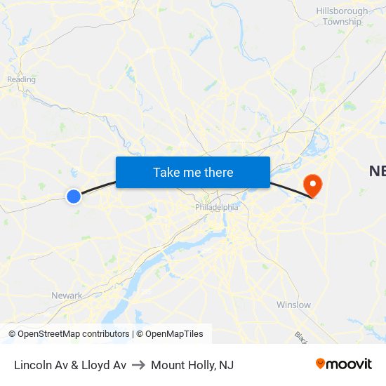 Lincoln Av & Lloyd Av to Mount Holly, NJ map