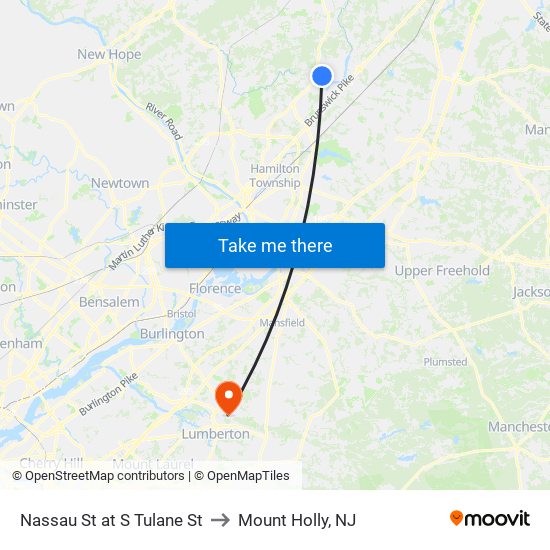 Nassau St at S Tulane St to Mount Holly, NJ map