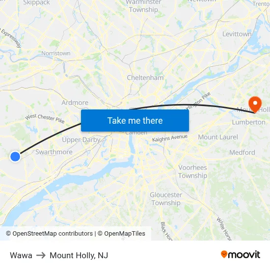 Wawa to Mount Holly, NJ map
