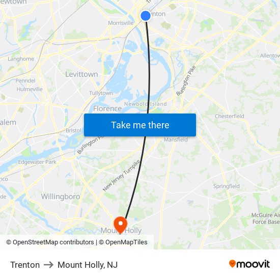 Trenton to Mount Holly, NJ map