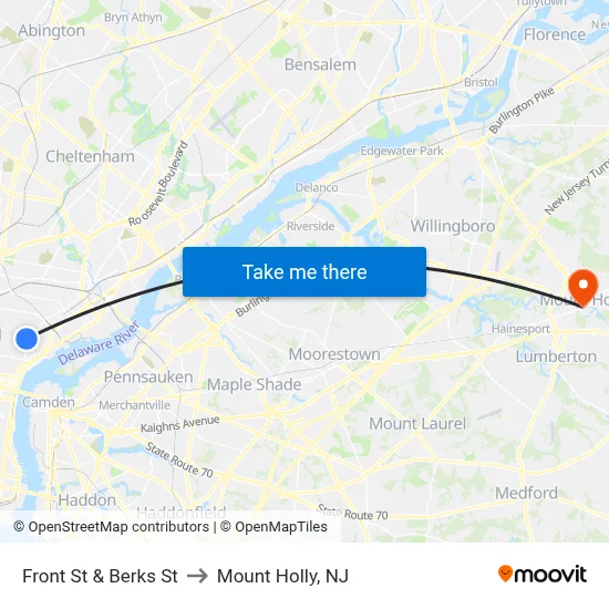 Front St & Berks St to Mount Holly, NJ map