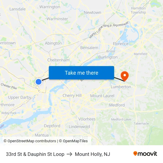 33rd St & Dauphin St Loop to Mount Holly, NJ map