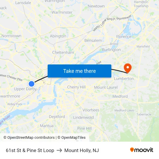 61st St & Pine St Loop to Mount Holly, NJ map