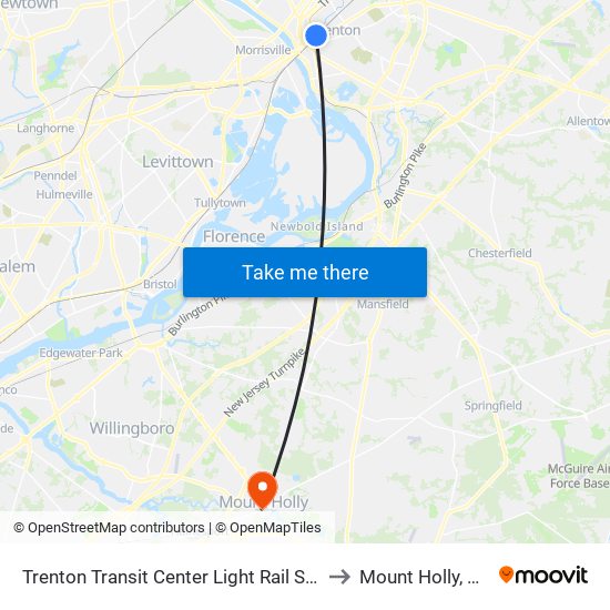 Trenton Transit Center Light Rail Sta to Mount Holly, NJ map