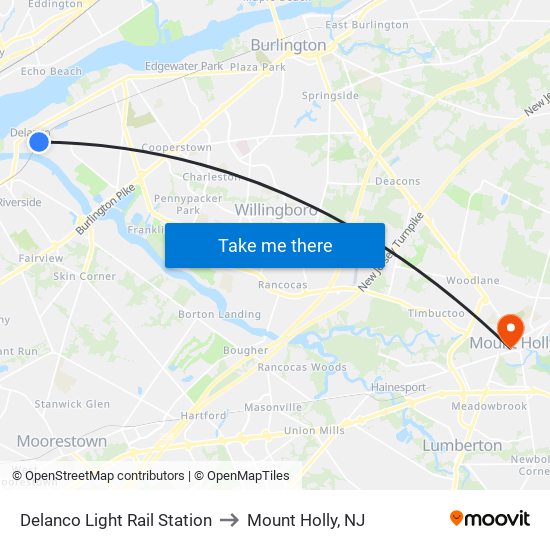 Delanco Light Rail Station to Mount Holly, NJ map