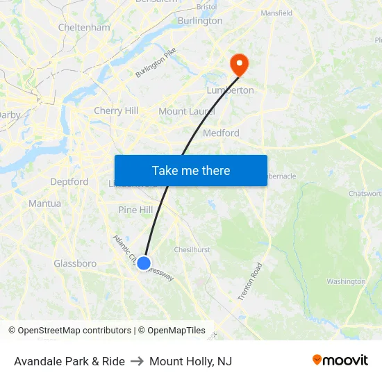 Avandale Park & Ride to Mount Holly, NJ map