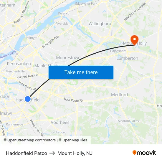 Haddonfield Patco to Mount Holly, NJ map