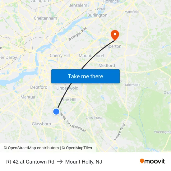 Rt-42 at Gantown Rd to Mount Holly, NJ map