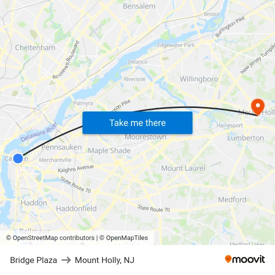 Bridge Plaza to Mount Holly, NJ map