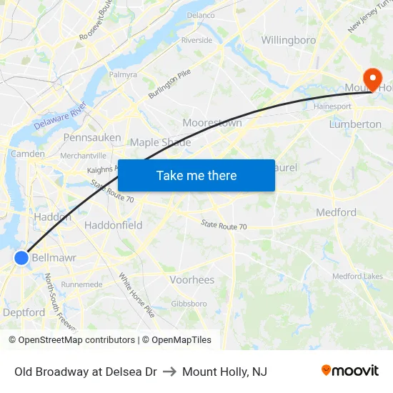 Old Broadway at Delsea Dr to Mount Holly, NJ map