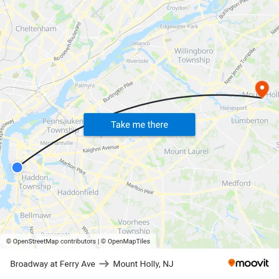 Broadway at Ferry Ave to Mount Holly, NJ map