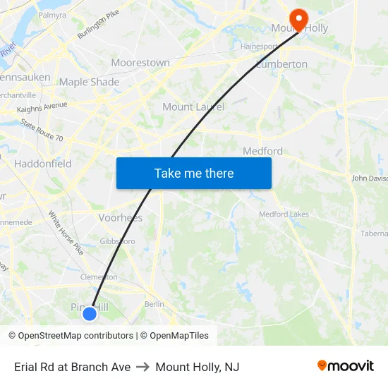 Erial Rd at Branch Ave to Mount Holly, NJ map