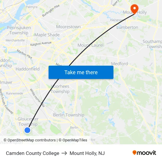 Camden County College to Mount Holly, NJ map