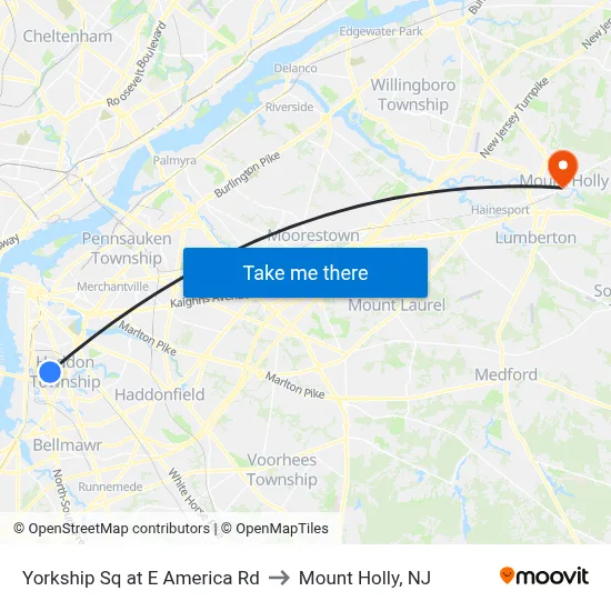Yorkship Sq at E America Rd to Mount Holly, NJ map